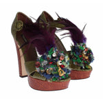 Dolce & Gabbana Green Leather Crystal Platform Sandal Shoes