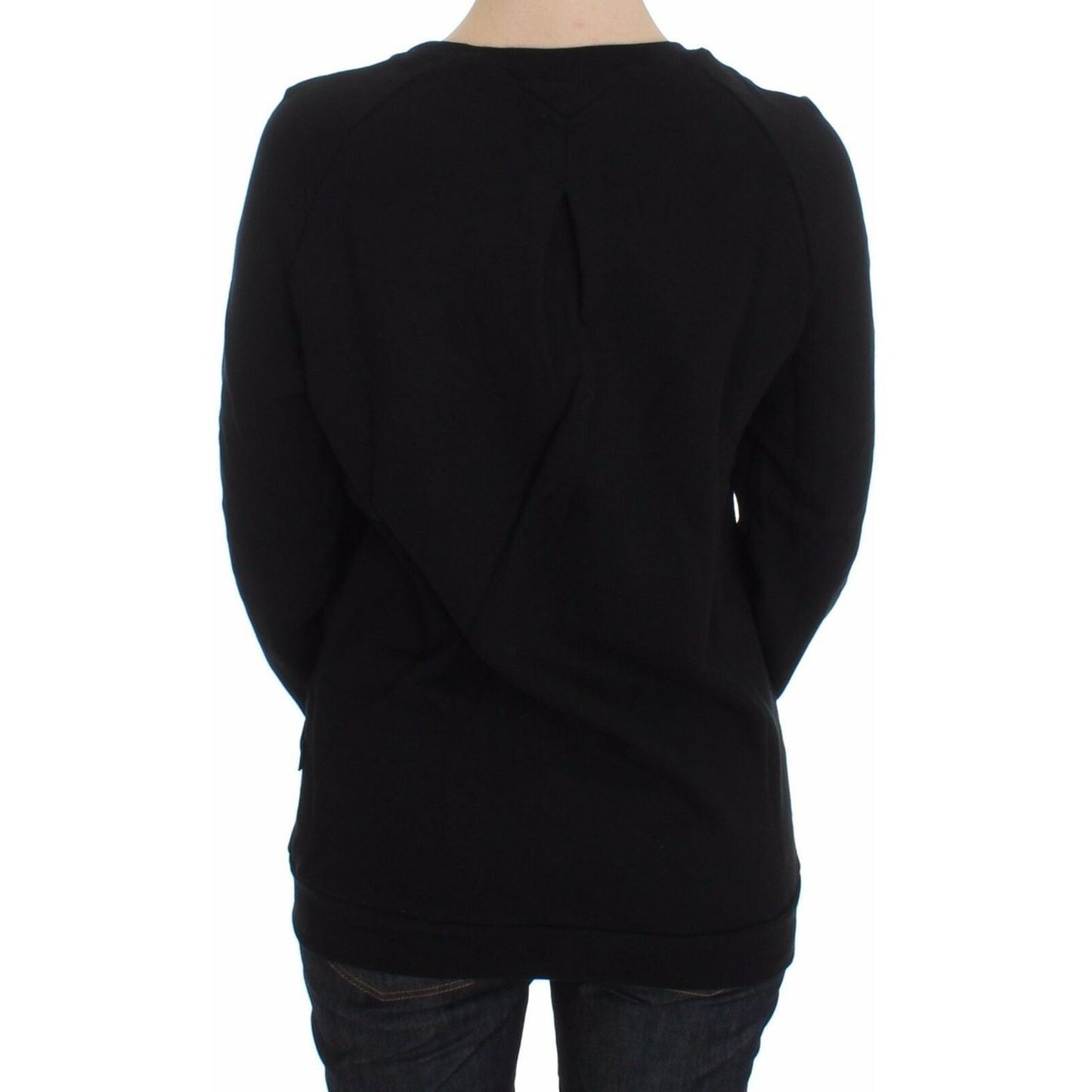 Exte Black Cotton Motive Print Crewneck Pullover Sweater