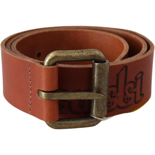 Just Cavalli Brown Leather Logo Bronze Rustic Metal Buckle Belt Belt