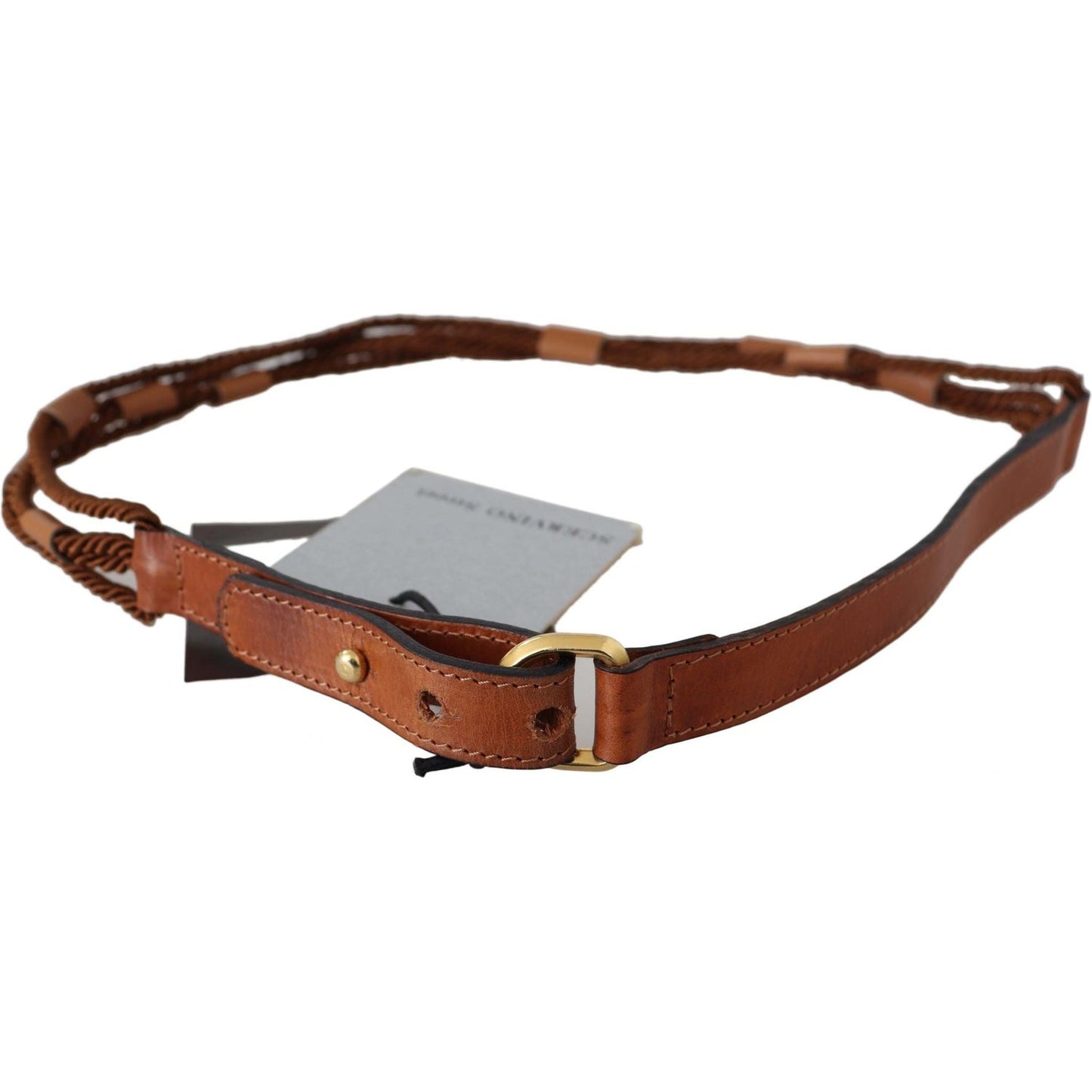 Scervino Street Brown Leather Braided Rope Gold Buckle Belt Belt