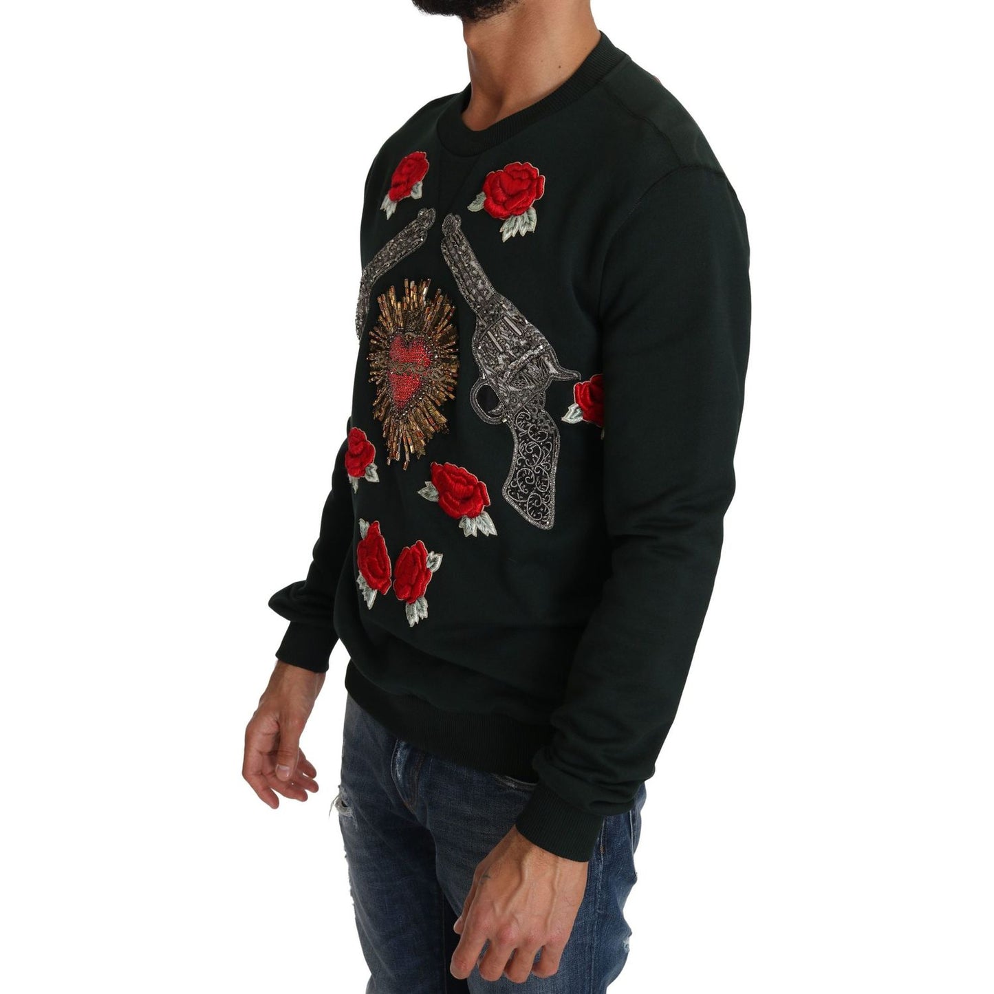 Dolce & Gabbana Green Crystal Heart Roses Gun Sweater