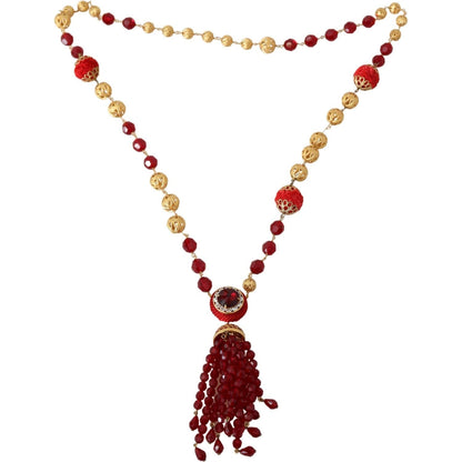 Dolce & Gabbana Gold Tone Brass Red Crystals Pendant Opera Chain Necklace
