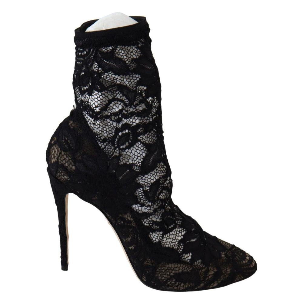 Dolce & Gabbana Black Lace Taormina High Heel Boots Shoes