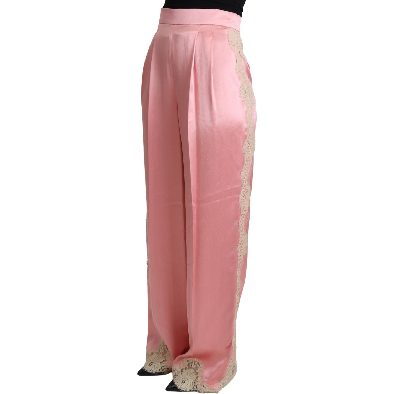 Dolce & Gabbana Pink Lace Trimmed Silk Satin Wide Legs Pants