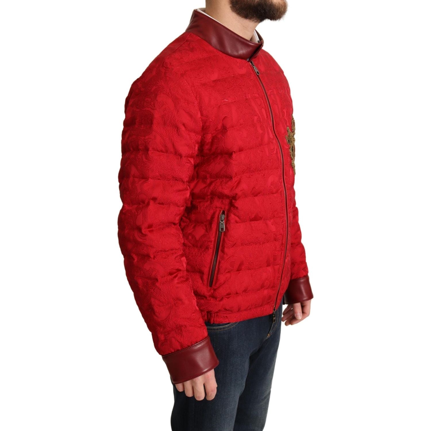 Dolce & Gabbana Red Brocade Bomber Gold Crown Logo Coat Jacket