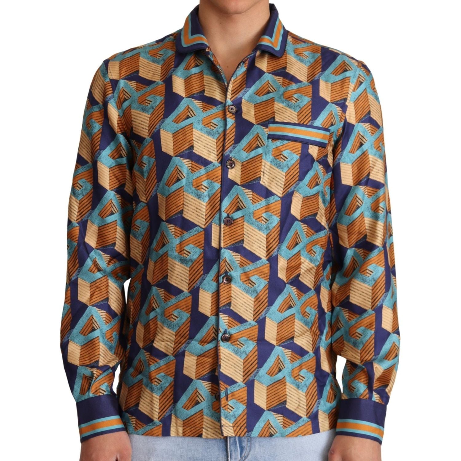 Dolce & Gabbana Multicolor DG Logo Silk Mens Top Shirt