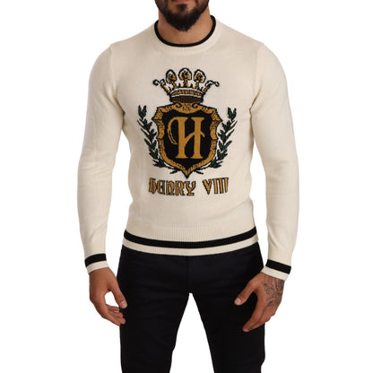 Dolce & Gabbana White Heraldic Cashmere Pullover Sweater