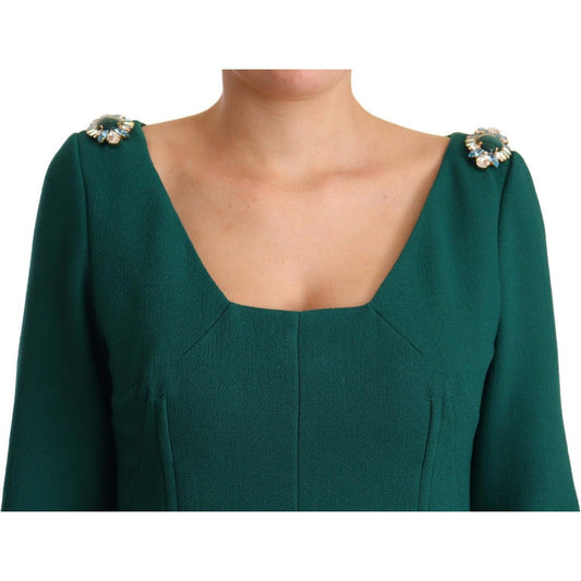 Dolce & Gabbana Green Stretch Crepe Crystal Midi Dress