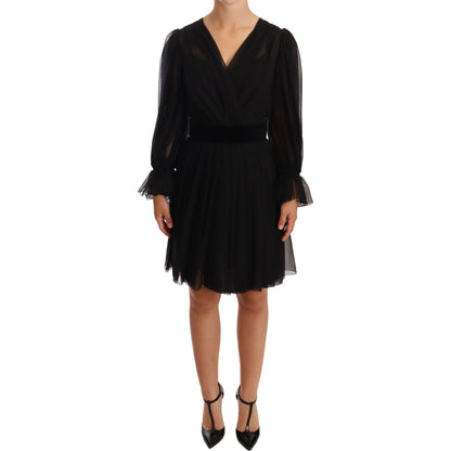 Dolce & Gabbana Black Mesh Pleated Mini Silk Stretch Dress WOMAN DRESSES