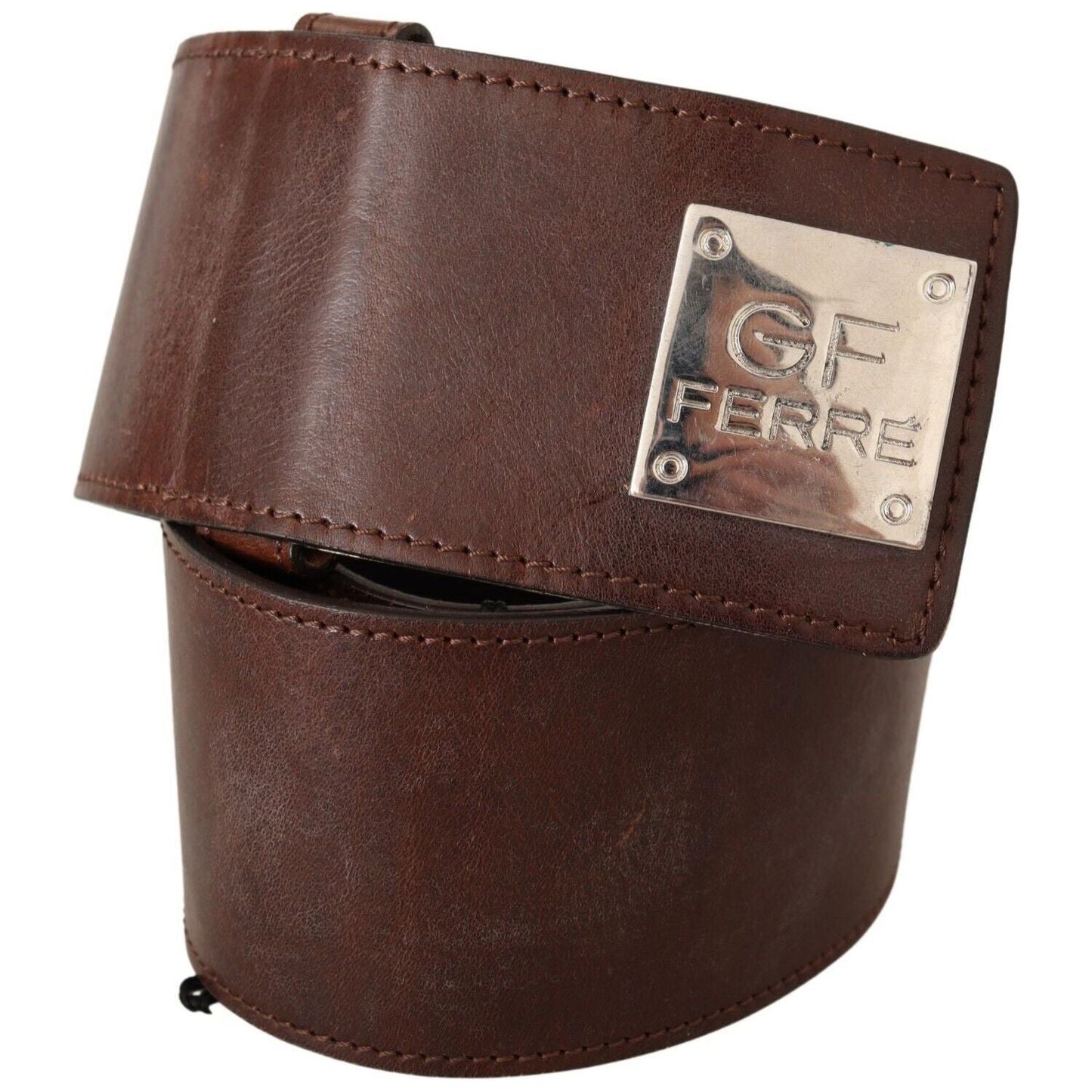 GF Ferre Brown Genuine Leather Wide Logo Buckle Waist Belt WOMAN BELTS