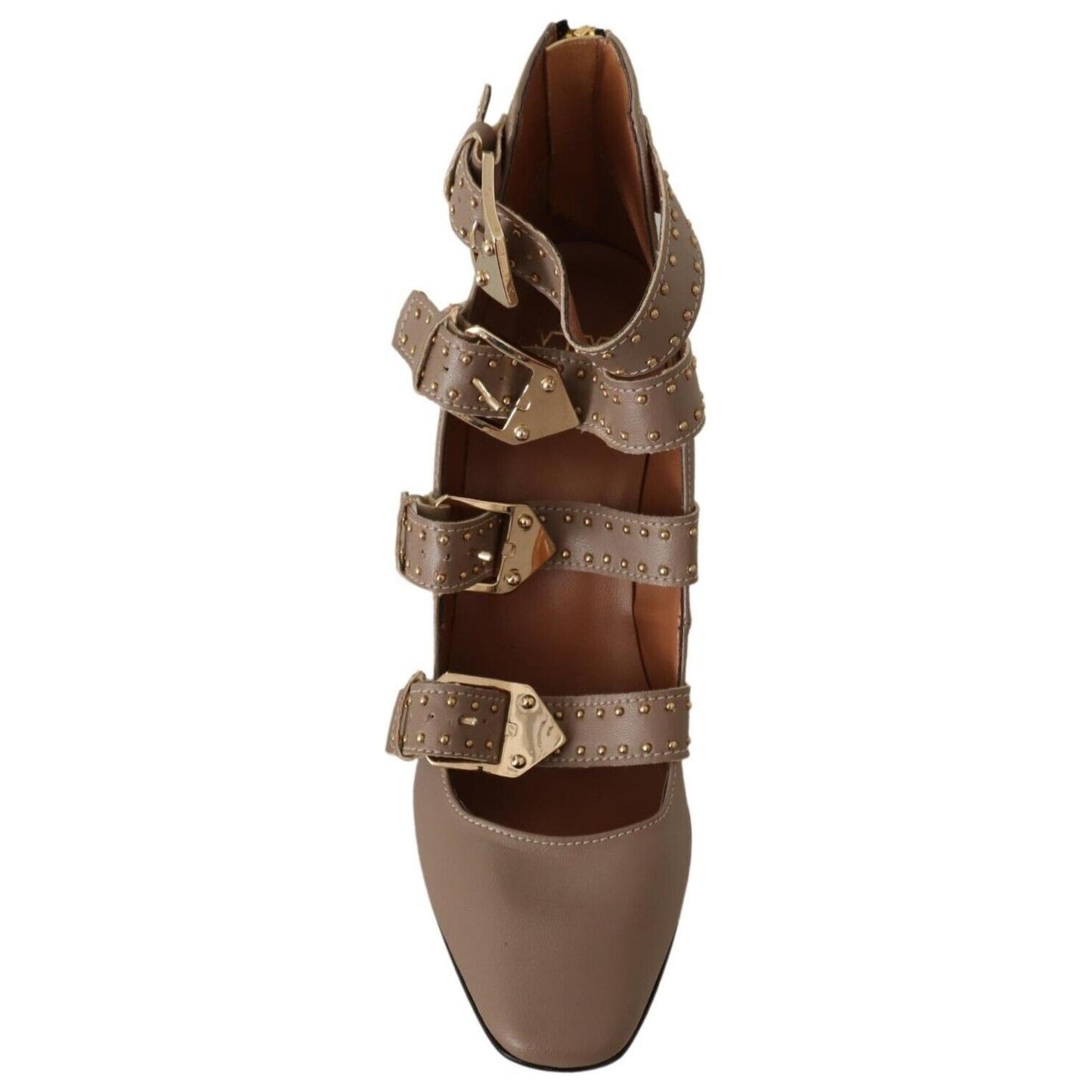 MY TWIN Brown Leather Block Heels Multi Buckle Pumps Shoes WOMAN PUMPS