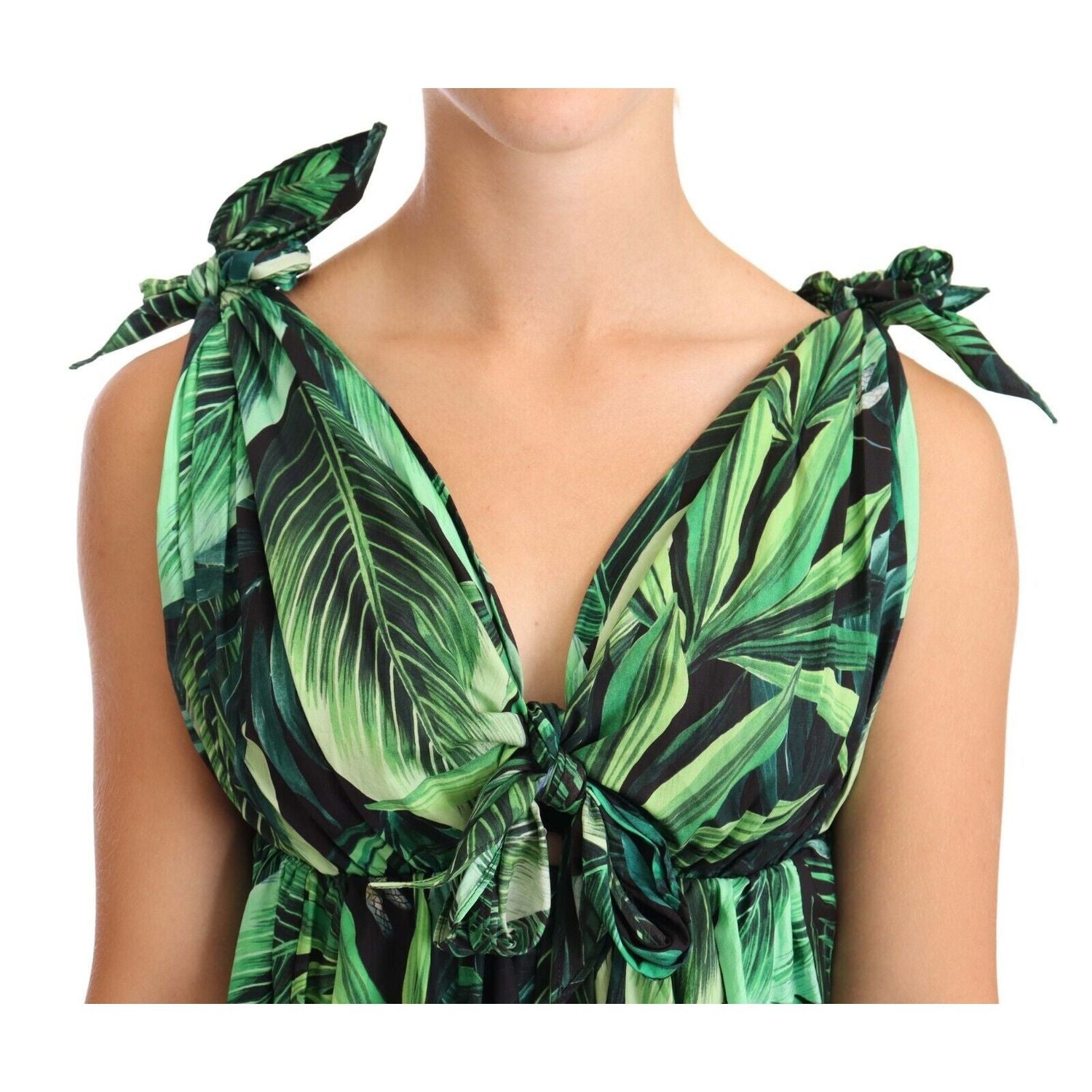 Dolce & Gabbana Green Leaves Print Cotton Flared Mini Dress