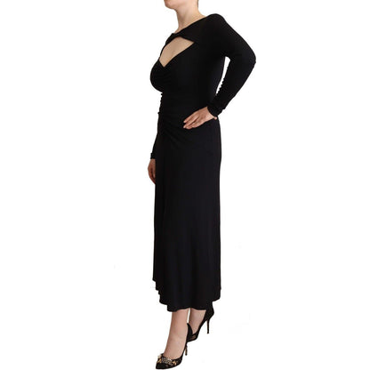 PINKO Black Nylon Stretch Long Sleeves Deep V-neck Maxi Dress WOMAN DRESSES