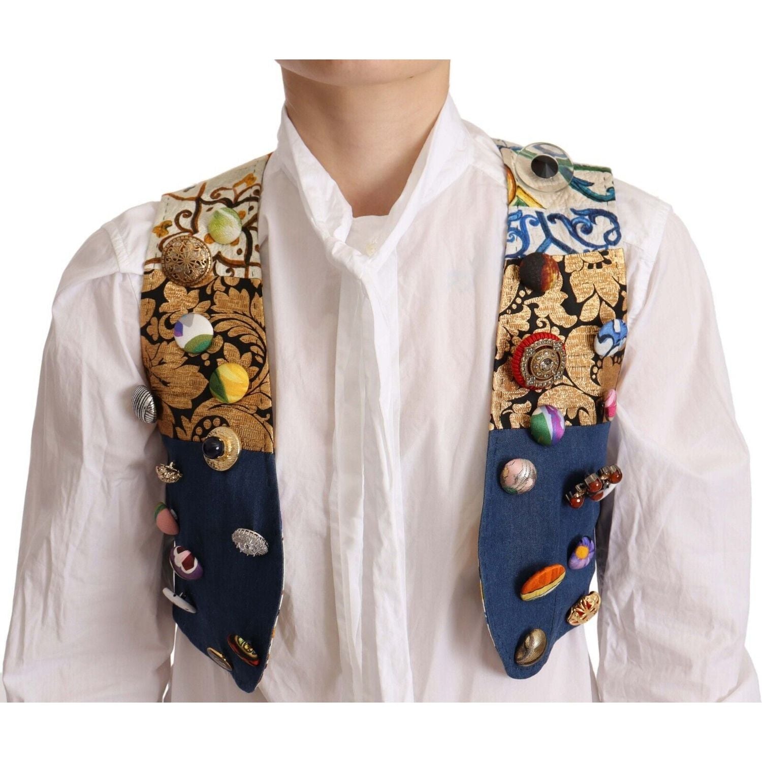 Dolce & Gabbana Multicolor Embellished Waist Coat Cotton Top