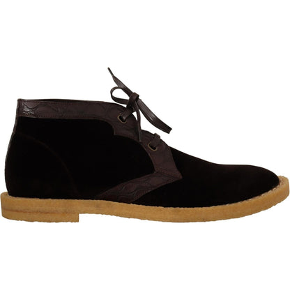 Dolce & Gabbana Brown Velvet Exotic Leather Boots