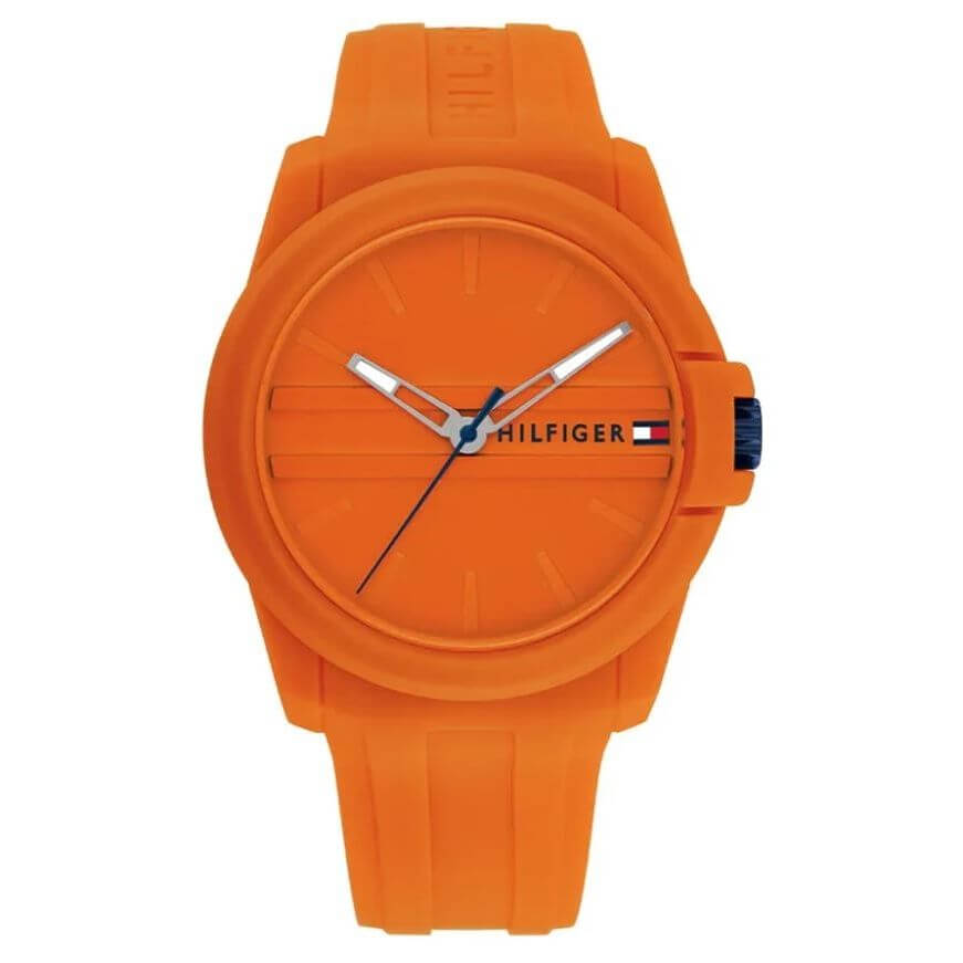 TOMMY HILFIGER Mod. 1710597 quartz analog gent's watch, orange design with mineral dial, 5 ATM water resistance, 44mm case