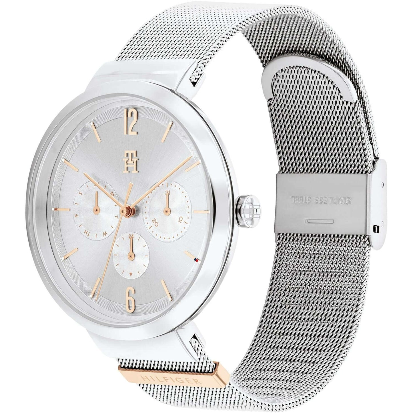 TOMMY HILFIGER Mod. 1782537 ladies quartz analog watch with 40mm case, mineral dial, and mesh bracelet in official packaging.