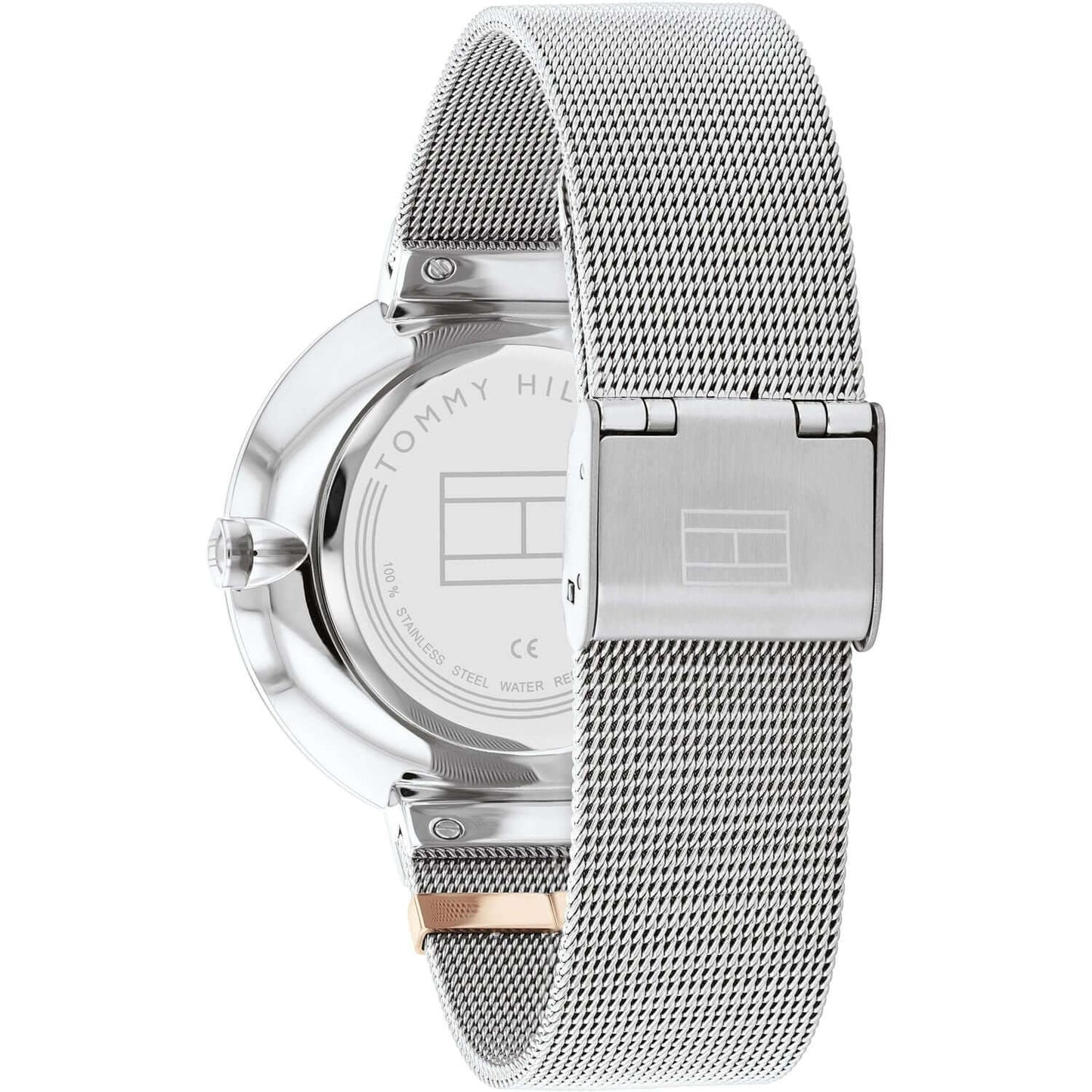 Back view of TOMMY HILFIGER Mod. 1782537 lady's quartz analog watch with mesh bracelet and 3 ATM water resistance.