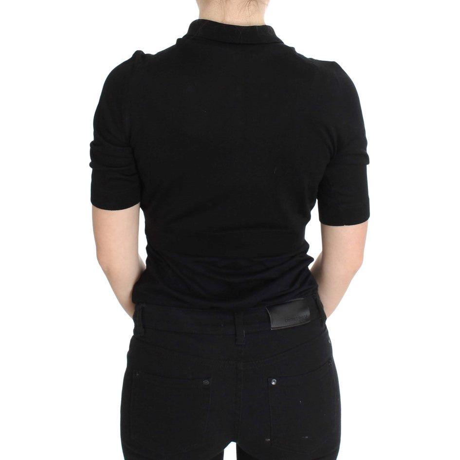 Dolce & Gabbana Black Silk Floral Embroidered Polo Top