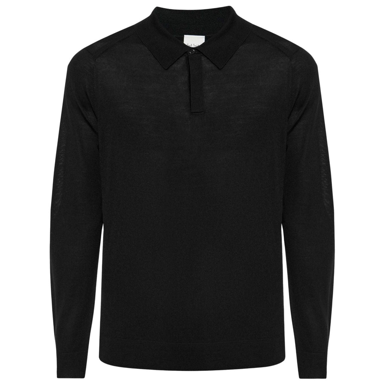 Paul Smith T-shirts and Polos Black, long-sleeved wool polo shirt with front button fastening and ribbed cuffs.