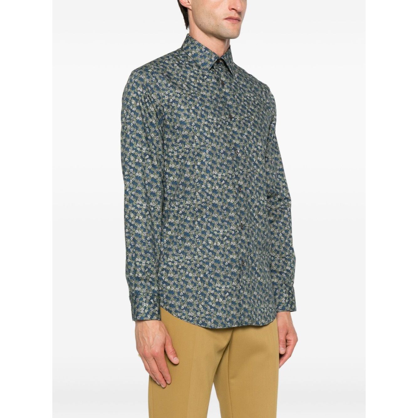 Paul Smith Shirts MultiColour with teal blue floral print, long sleeves, button fastening, classic collar, worn view.