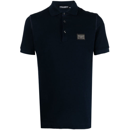 Dolce & Gabbana Logo cotton polo shirt in navy blue with piqué weave and chest logo patch.