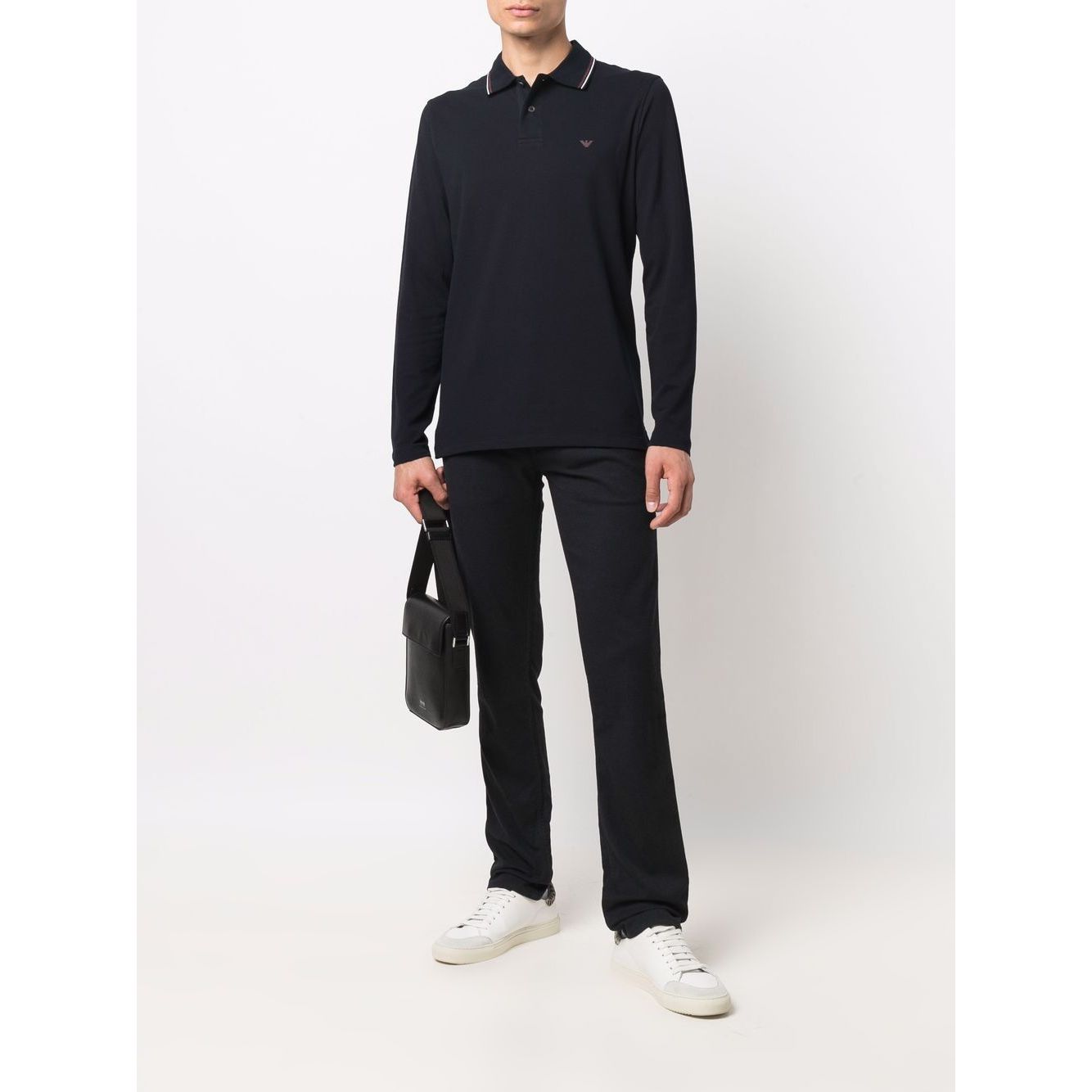 Emporio Armani T-shirts and Polos Blue navy cotton polo with logo print and long sleeves, featuring a straight hem and classic collar.