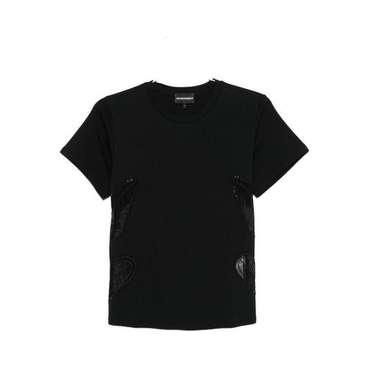 Emporio Armani T-shirts and Polos Black with short sleeves, round neck, butterfly embellishment, quilted effect, and logo detail.