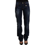 GF Ferre Dark Blue Washed Mid Waist Cotton Denim Straight Jeans