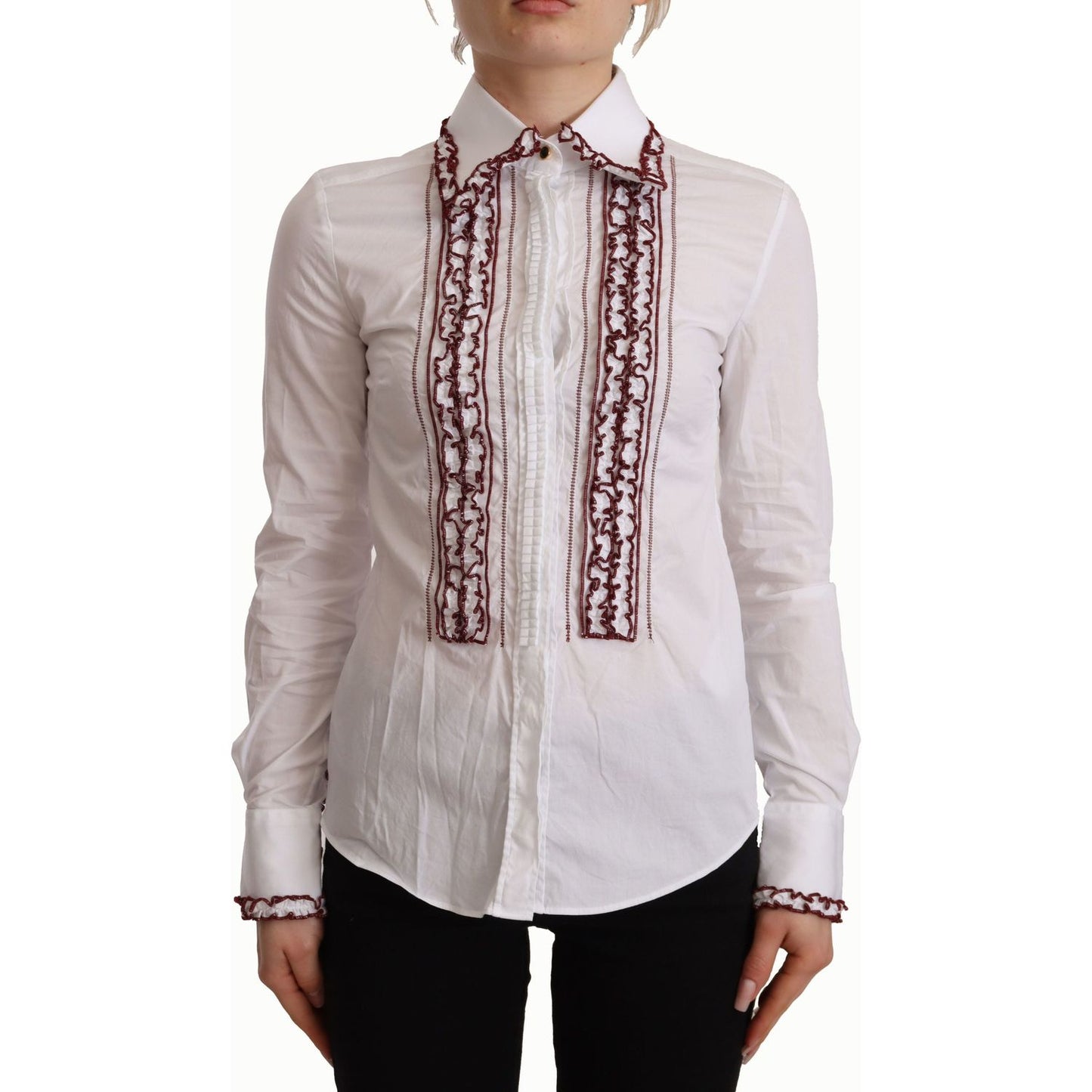 Dolce & Gabbana White Cotton Lace Long Sleeves Ruffle Collar Top Shirt