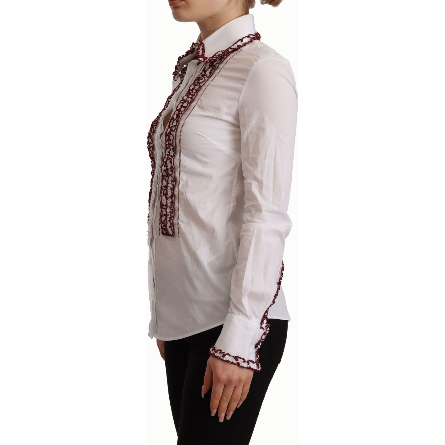 Dolce & Gabbana White Cotton Lace Long Sleeves Ruffle Collar Top Shirt