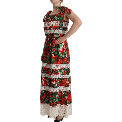 Dolce & Gabbana Multicolor Geranium Print Lace Long Maxi Dress
