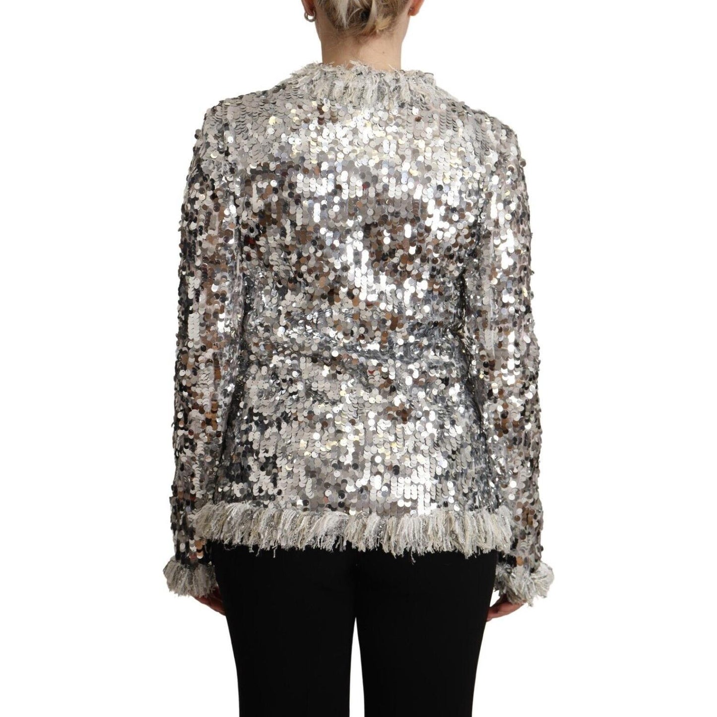 Dolce & Gabbana Silver Sequined Shearling Long Sleeves Jacket Dolce & Gabbana