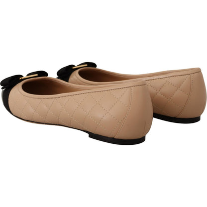 Salvatore Ferragamo Beige and Black Nappa Leather Ballet Flat Shoes