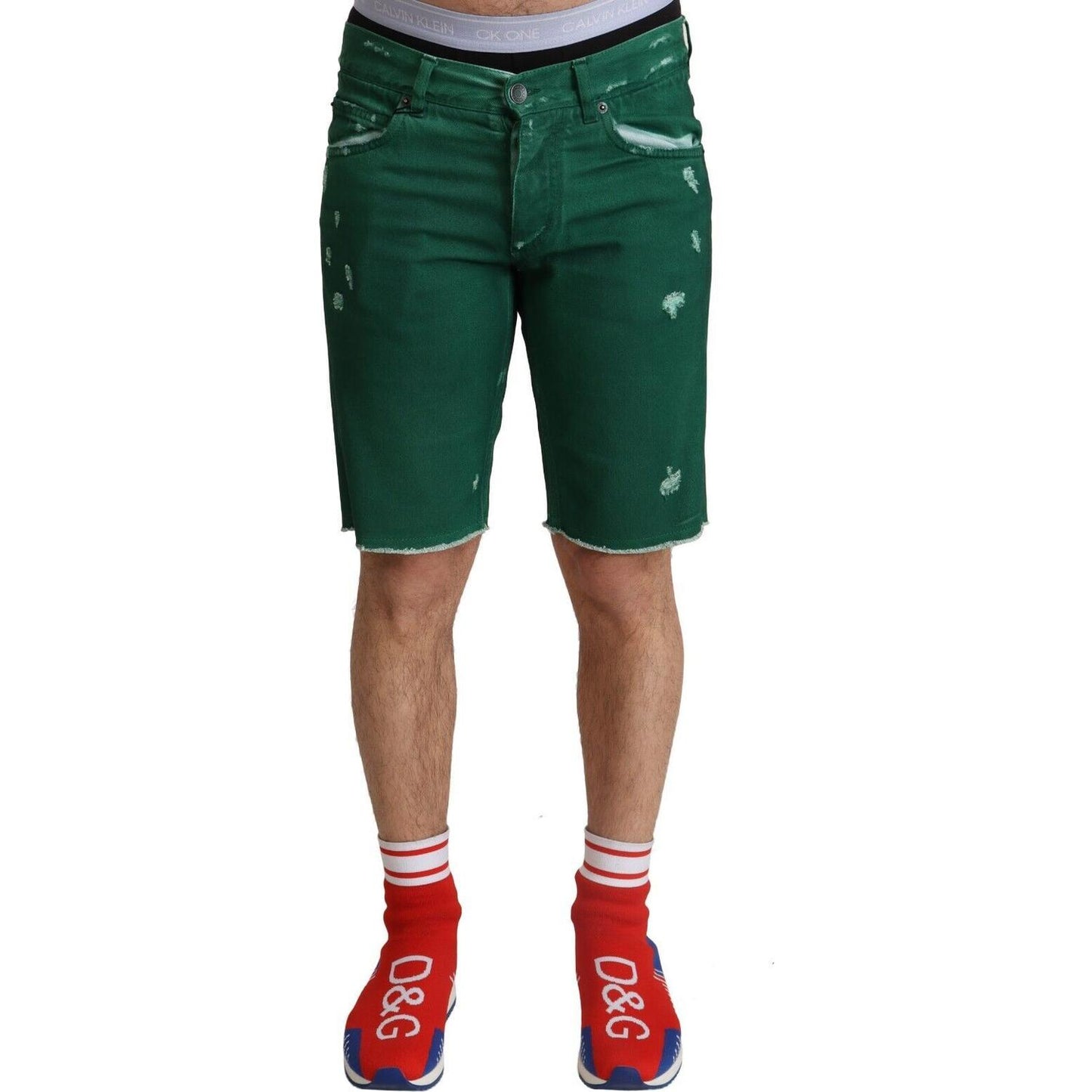 Dolce & Gabbana Green Tattered Cotton Men Denim Bermuda Shorts