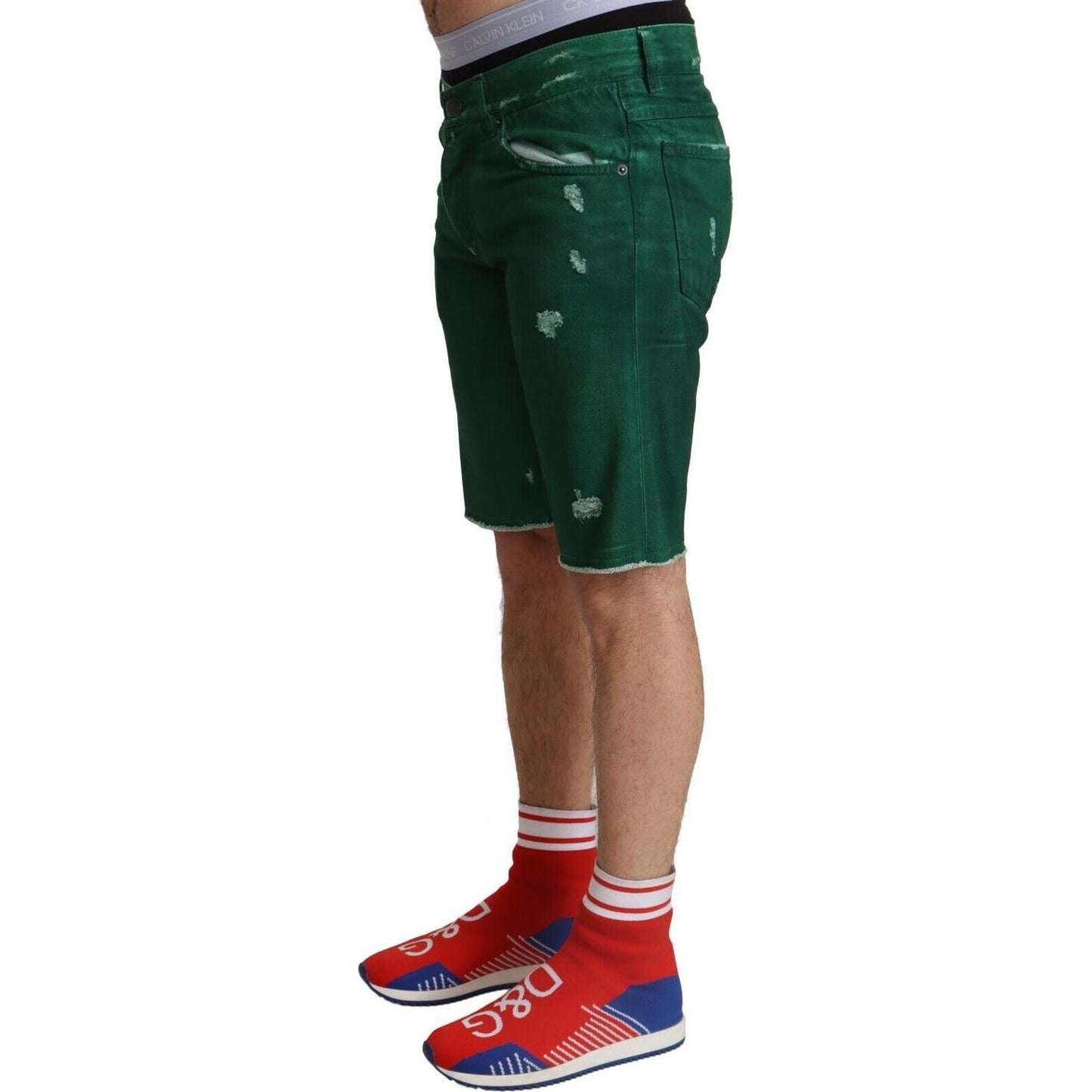 Dolce & Gabbana Green Tattered Cotton Men Denim Bermuda Shorts