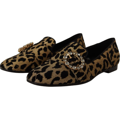 Dolce & Gabbana Gold Leopard Print Crystals Loafers Shoes