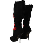 Dolce & Gabbana Black Stretch Socks Red Roses Booties Shoes