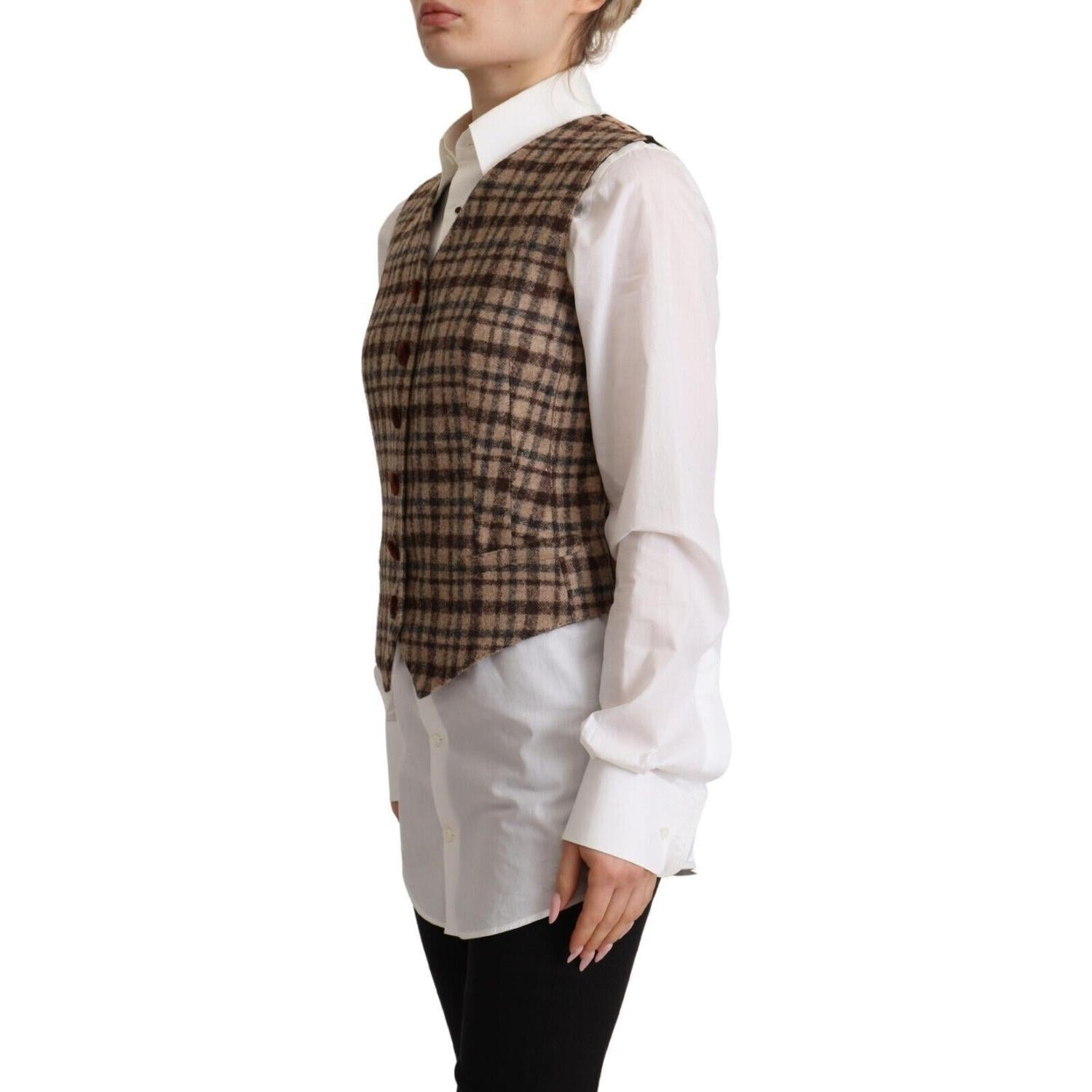 Dolce & Gabbana Brown Checkered Leopard V-neck Sleeveless Vest Top