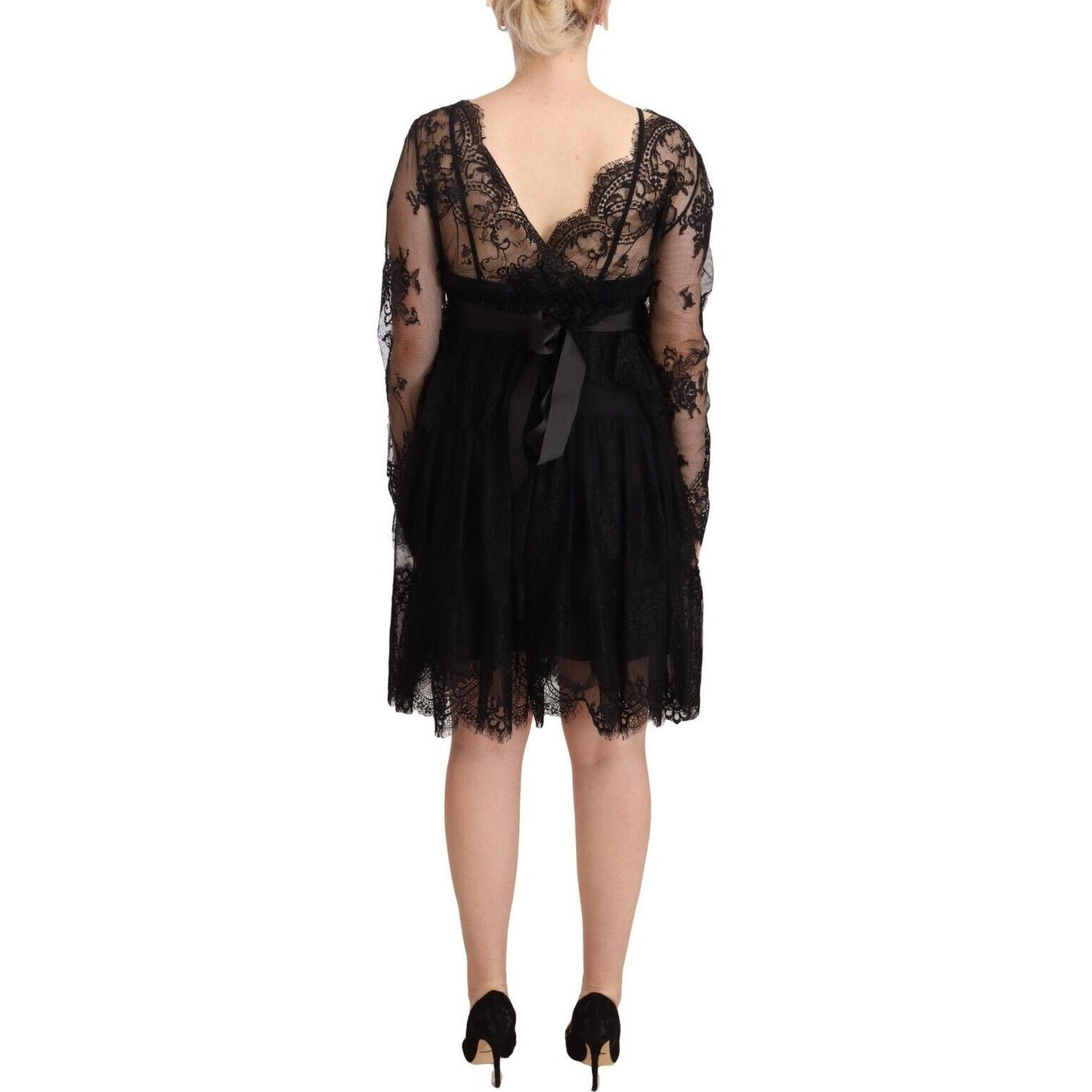 Aniye By Black Floral Lace Cotton Long Sleeves V-neck Shift Dress