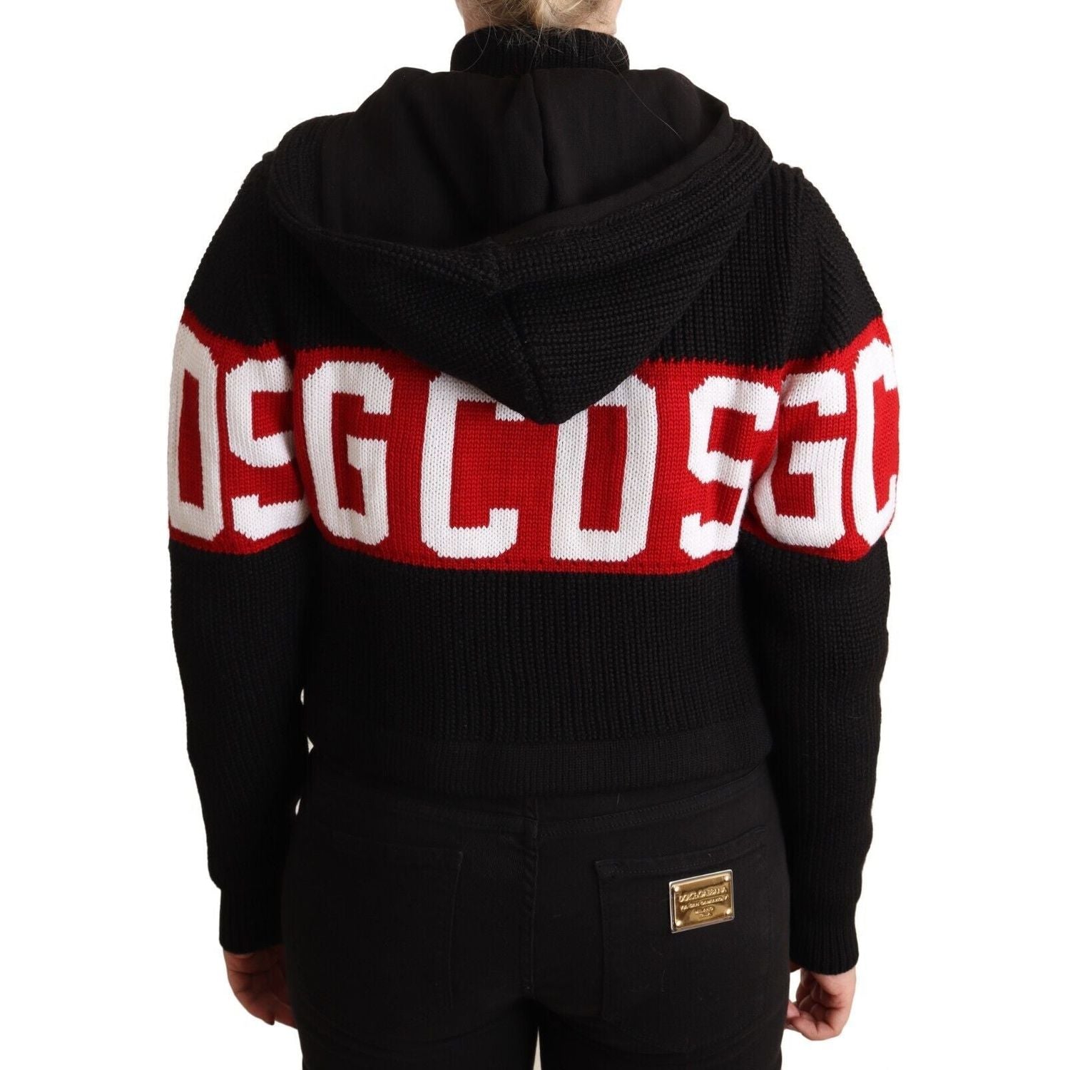 GCDS Black Cashmere Hooded Button Down Logo Cardigan Jacket