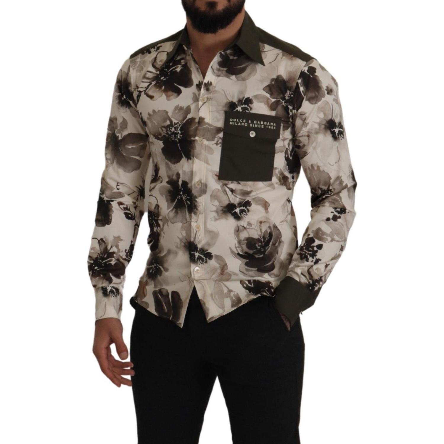 Dolce & Gabbana Green Beige Floral Cotton Stretch Exclusive Shirt