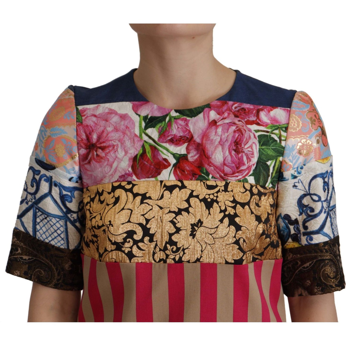 Dolce & Gabbana Multicolor Pachwork Floral Sheath Jaquard Mini Gown Dress
