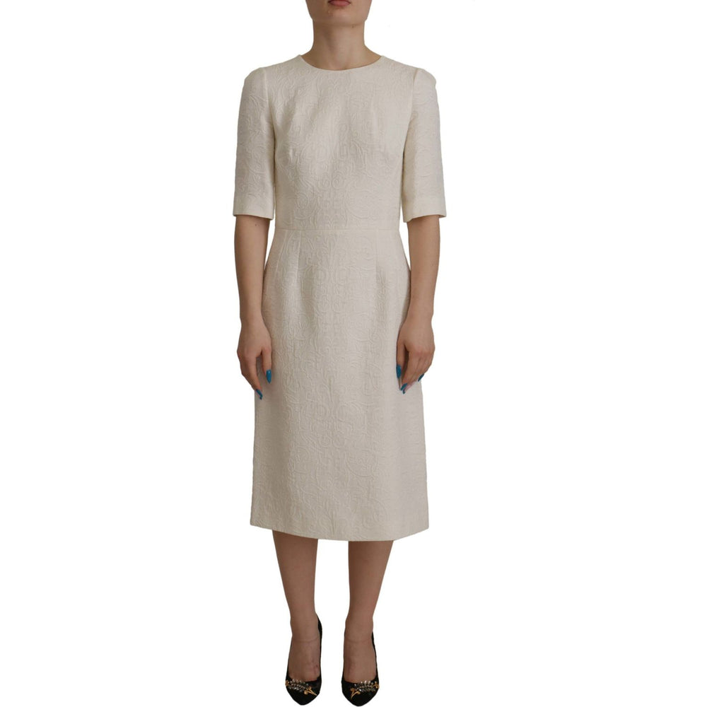 Dolce & Gabbana White Jaquard Midi Floral Sheath Brocade Dress