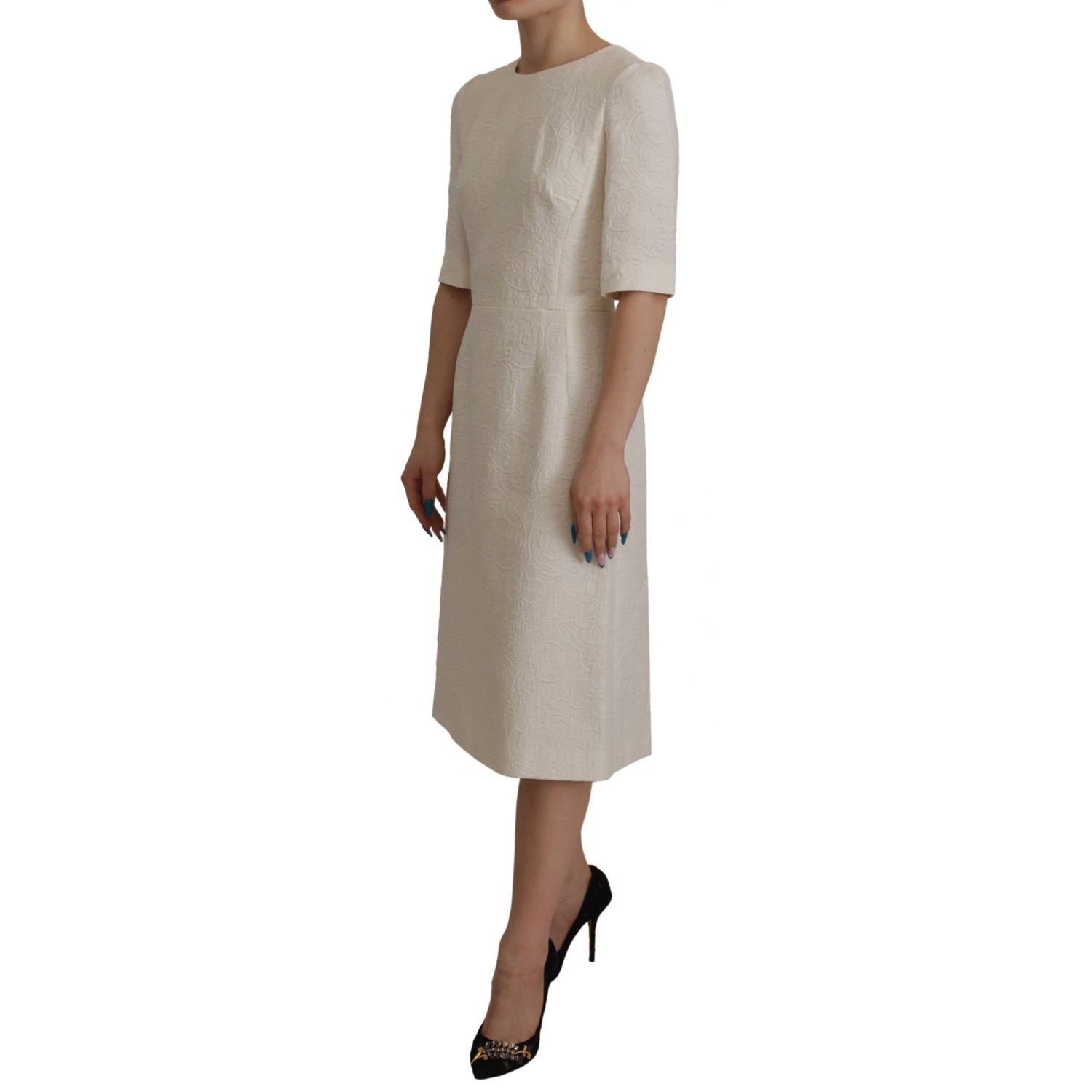 Dolce & Gabbana White Jaquard Midi Floral Sheath Brocade Dress