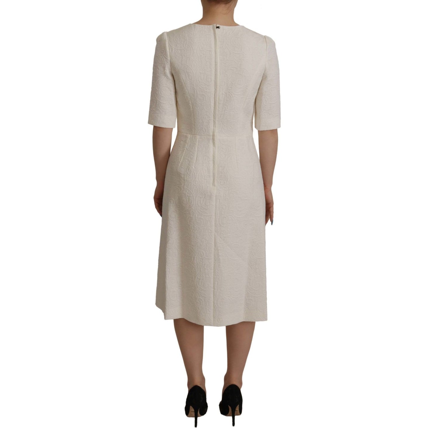 Dolce & Gabbana White Jaquard Midi Floral Sheath Brocade Dress