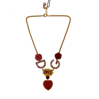 Dolce & Gabbana Gold Rose Love Crystal Charm Chain Necklace