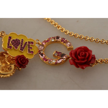 Dolce & Gabbana Gold Rose Love Crystal Charm Chain Necklace