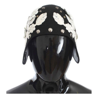 Dolce & Gabbana Black Wool White Floral Gold Leaf Hat Hat