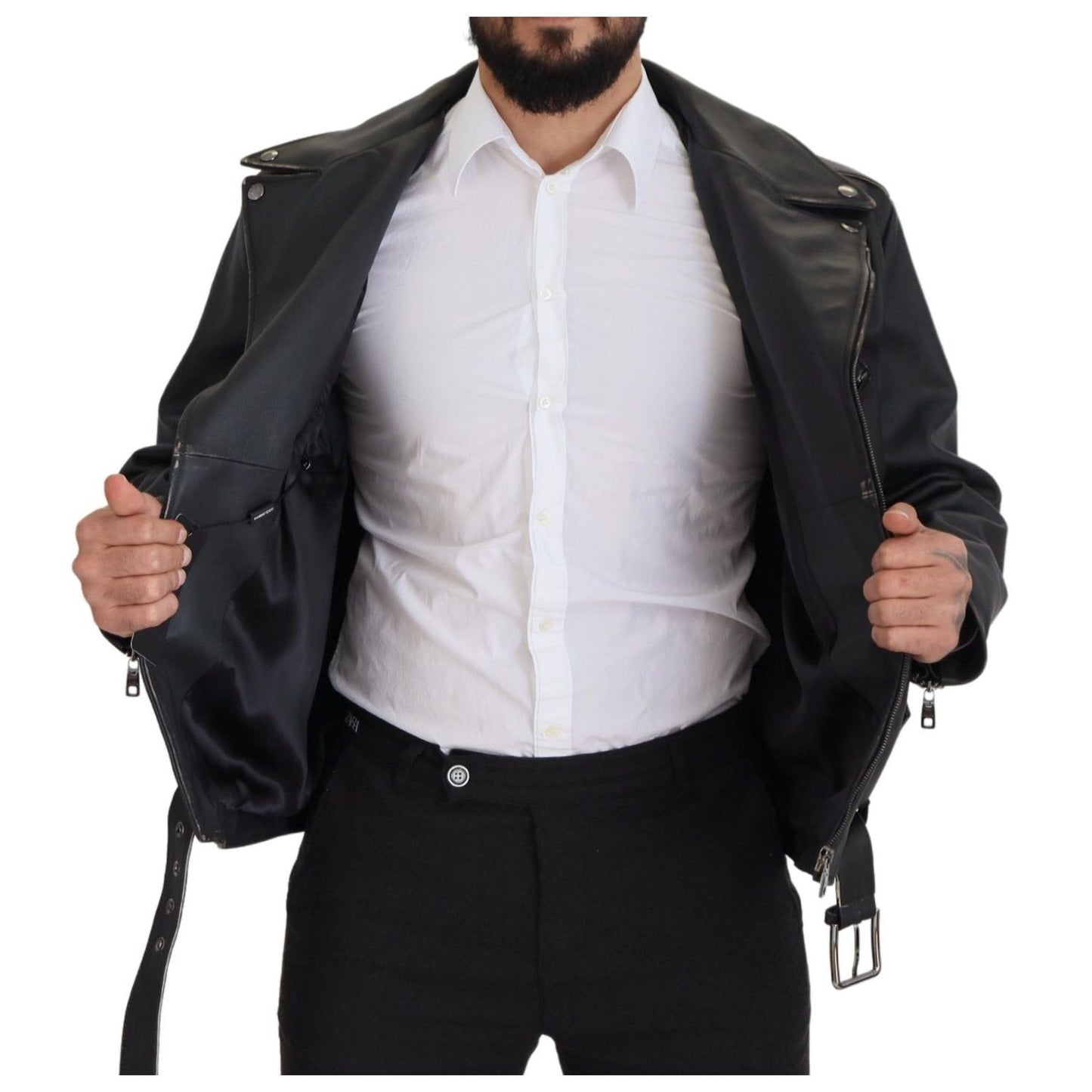 Dolce & Gabbana Black Leather Biker Coat Zipper Jacket